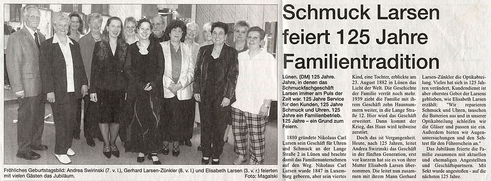 Zeitungsartikel: Schmuck Larsen feiert 125 Jahre Familientradition